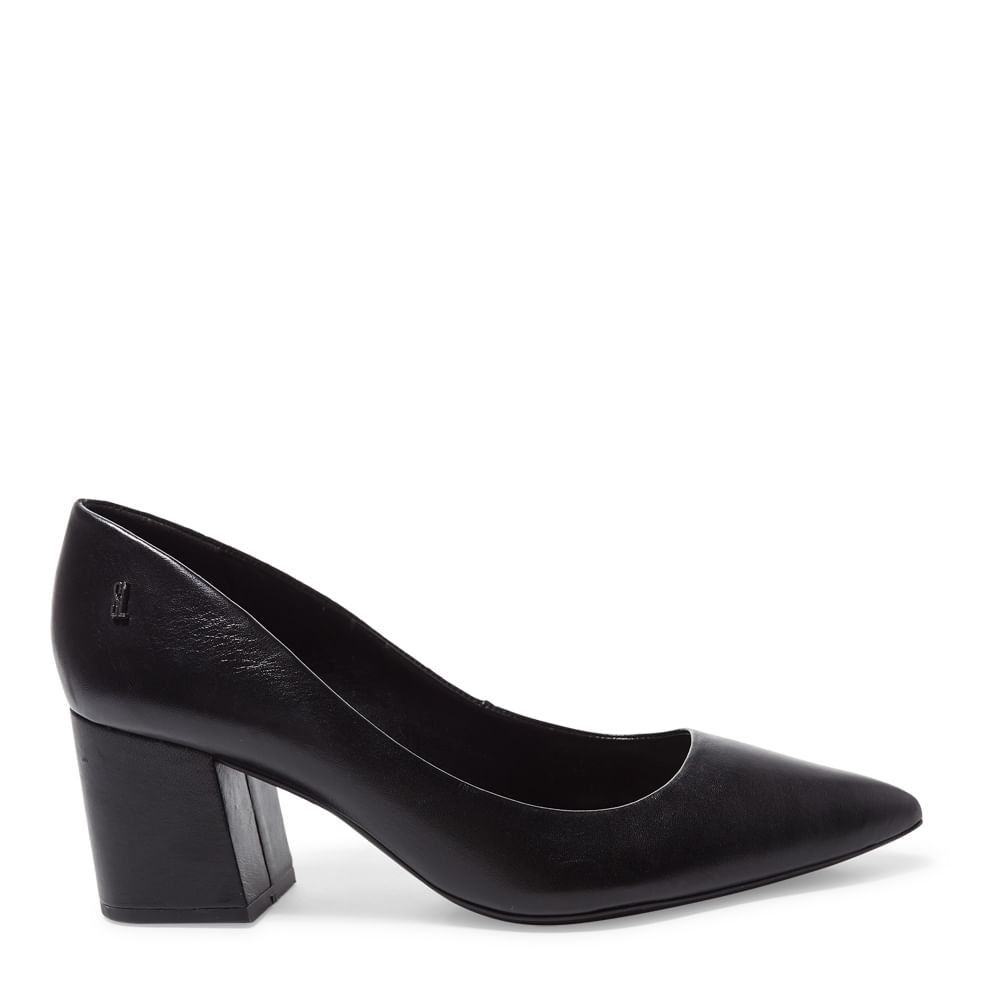Scarpin Couro Pelica Soft Bico Fino Salto Bloco Preto