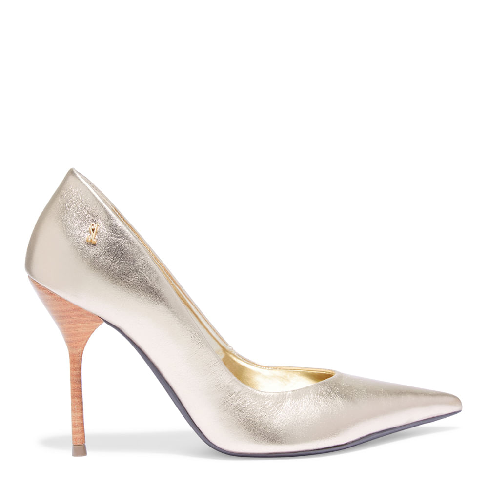 Scarpin Couro Dourado Bico Fino Salto Agulha