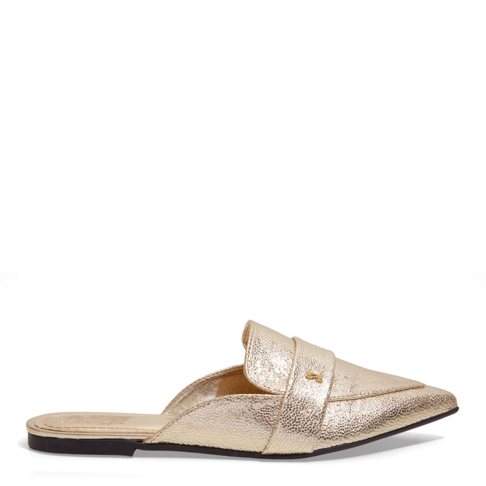 Mocassim Mule Metalizado Dourado Bico Fino