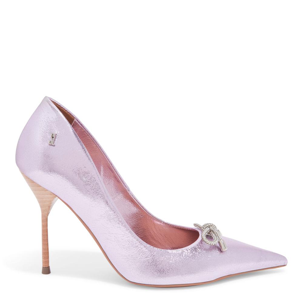 Scarpin Couro Craquelê Rosa Metalizado Salto Fino Fachetado