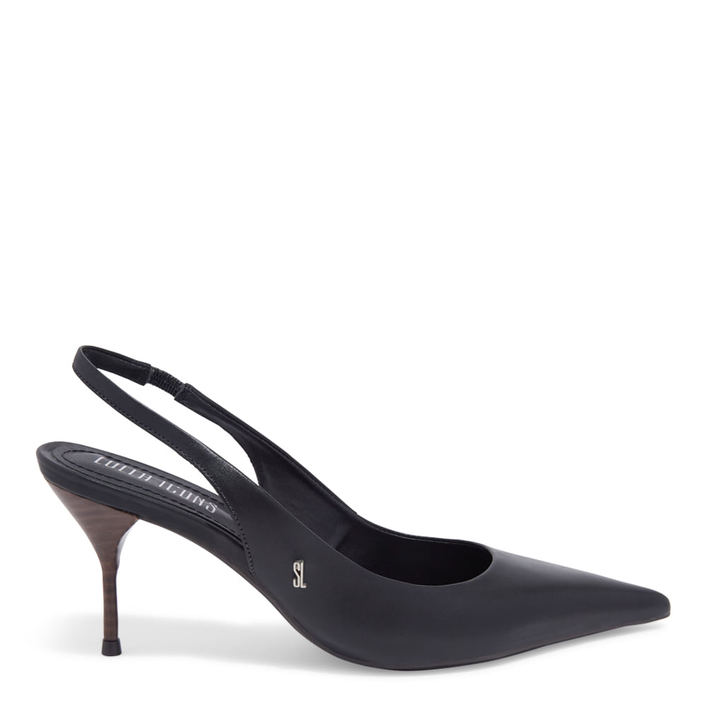 Scarpin Slingback Couro Confort Salto Fino Preto