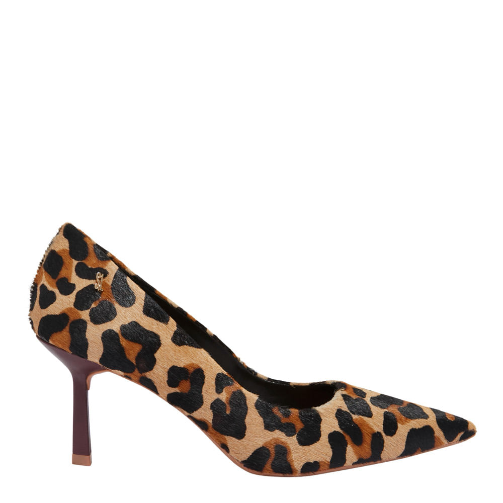 Scarpin Couro Animal Print Onça Bico Fino