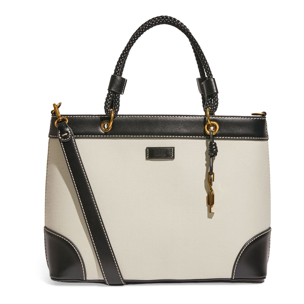 Bolsa Tote Bag Canvas Preto E Branco Recortes Pespontos