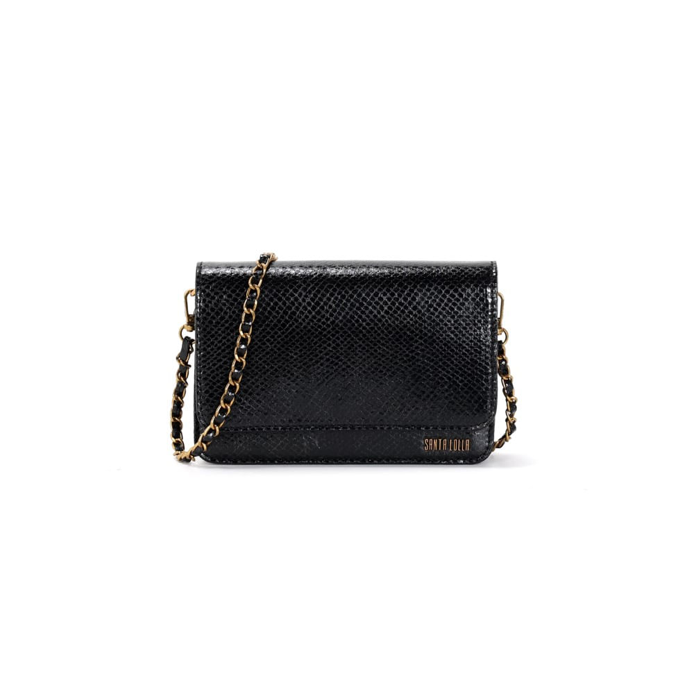 Bolsa Flap Bag Preto Metalizado Alça Corrente