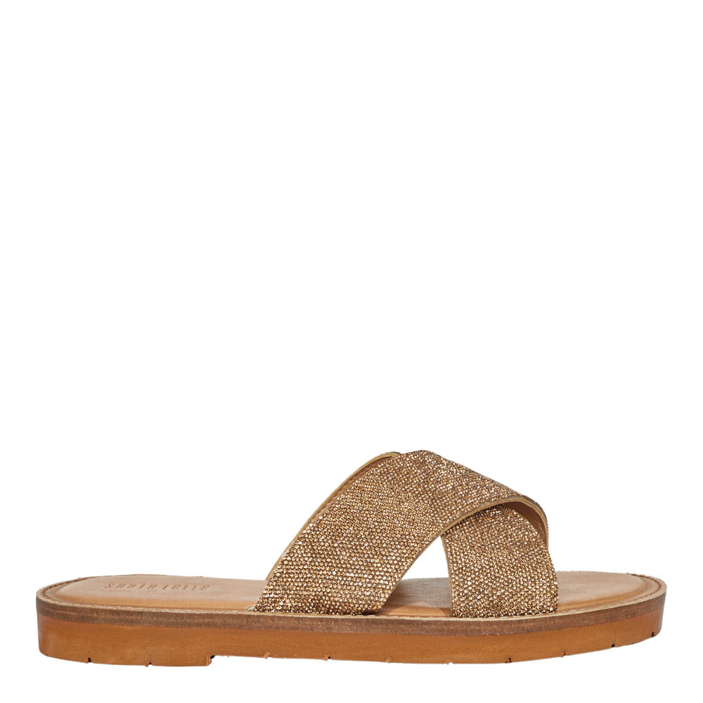 Rasteira Cruzada Strass Brilho Marrom