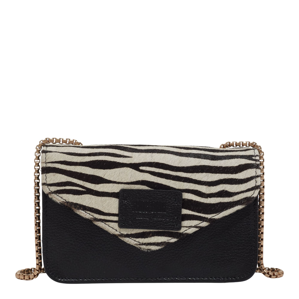 Bolsa Pequena Couro Estampa Animal Print Zebra Alça Transversal Corrente