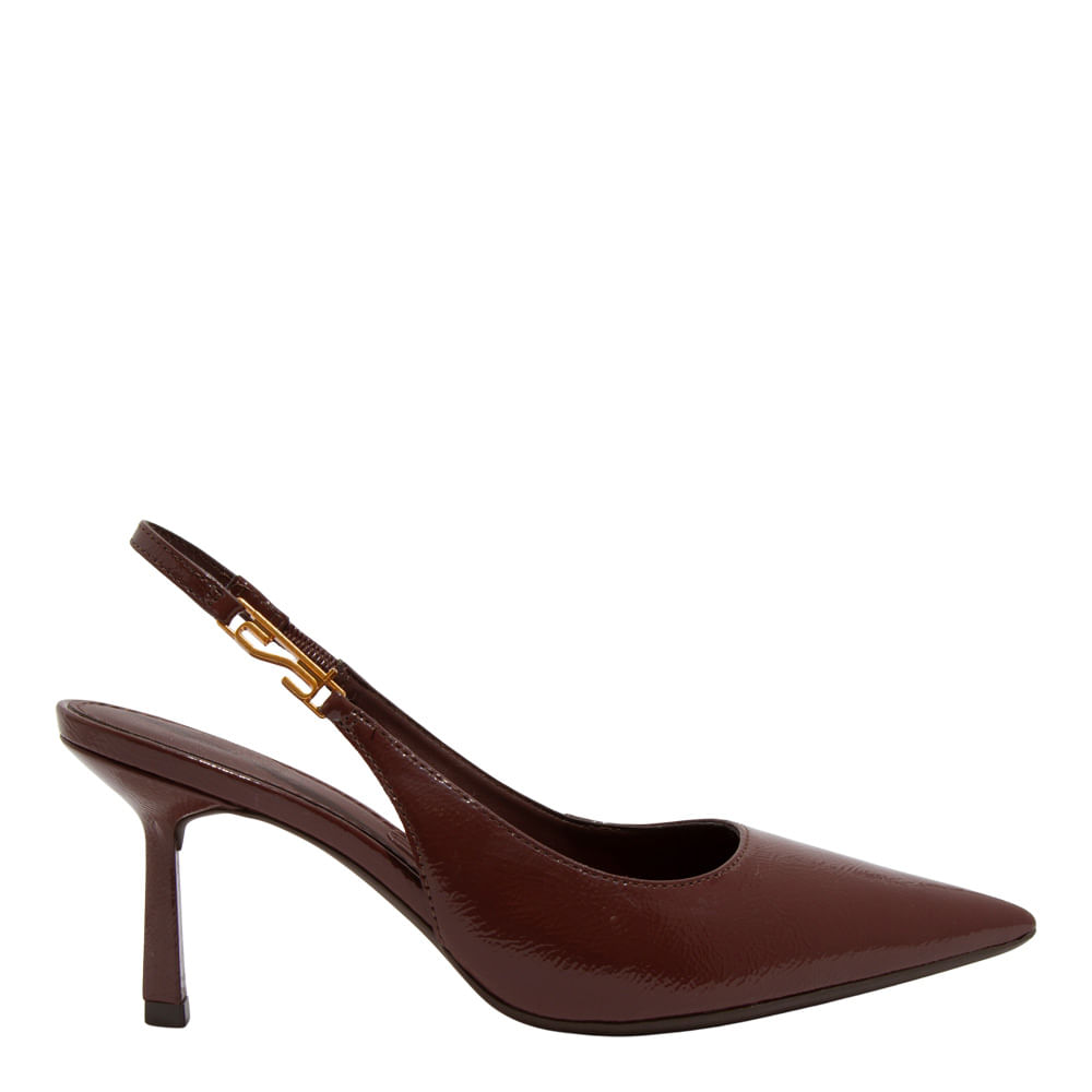 Scarpin Slingback Verniz Marrom Dark Cocoa Salto Fino