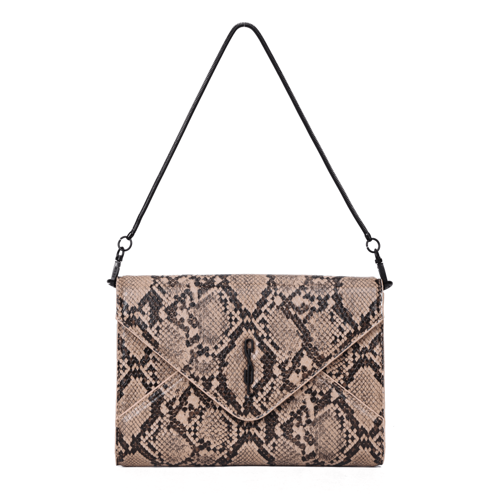 Bolsa Clutch Envelope Animal Print Cobra Bege Alça De Mão