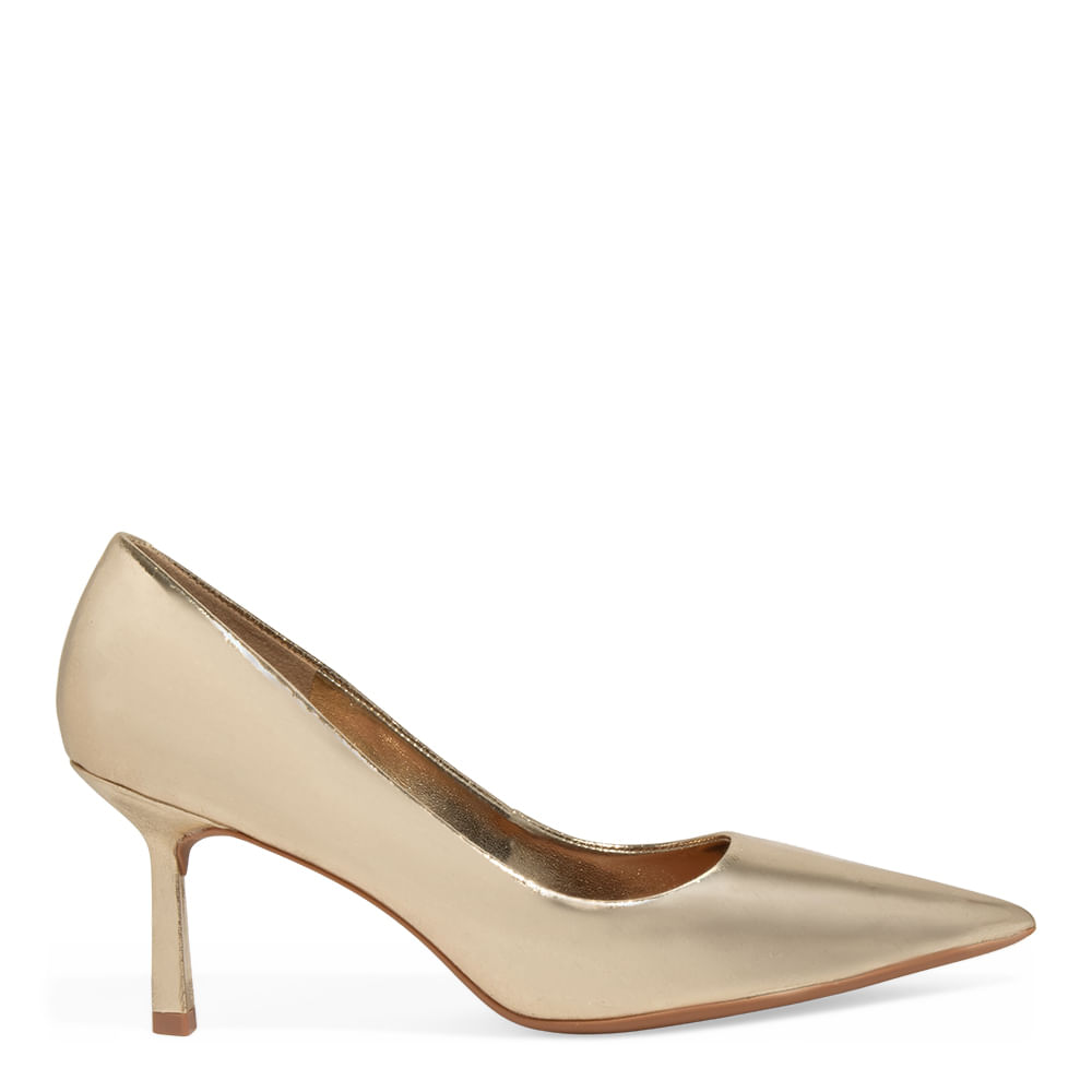Scarpin Couro Metalizado Dourado Salto Fino