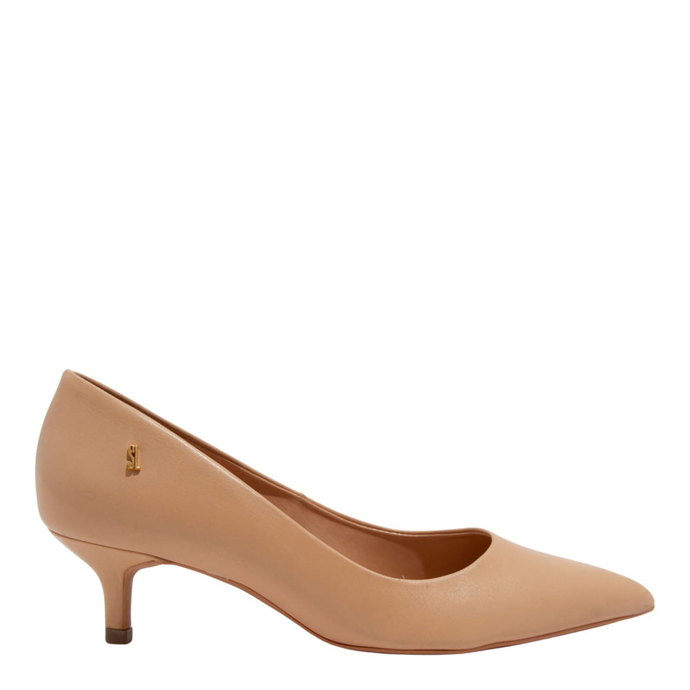 Scarpin Couro Confort Bege Salto Baixo  Fino