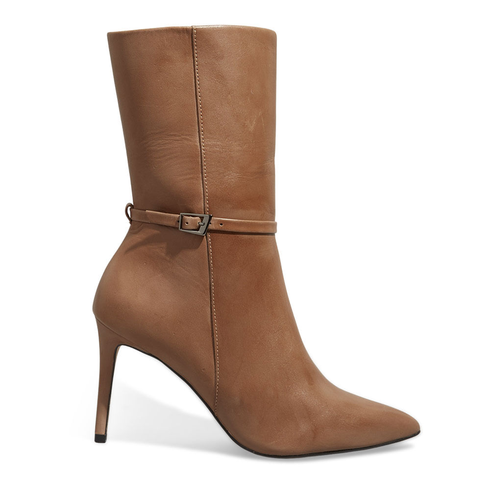 Bota Couro Nobre Soft Bege Cano Curto Salto Alto