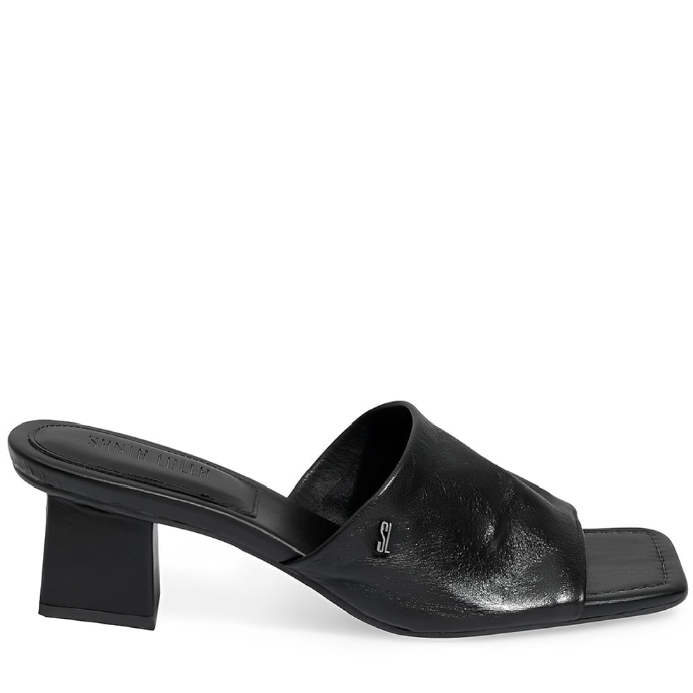 Mule Couro Nobre Soft Preto Salto Bloco Bico Quadrado